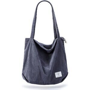 👑Women's Gray Corduroy Lightweight Zipper Pocket Classic Foldable Tote Bag